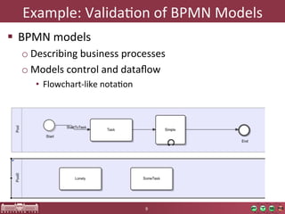 Example:	
  ValidaOon	
  of	
  BPMN	
  Models	
  
  BPMN	
  models	
  
   o Describing	
  business	
  processes	
  
   o Models	
  control	
  and	
  dataﬂow	
  
      •  Flowchart-­‐like	
  notaOon	
  




                                           9	
  
 
