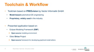 8
• Toolchain based on PREEvision by Vector Informatik GmbH
• Model-based automotive E/E engineering
• Proprietary, widely used in the industry
• Presented application based on:
• Eclipse Modeling Framework (EMF)
 Open-source modeling environment
• Obeo Sirius Project
 Open-source framework for developing graphical model editors
Toolchain & Workflow
Maximilian Hammer, SiriusCon 2022
 