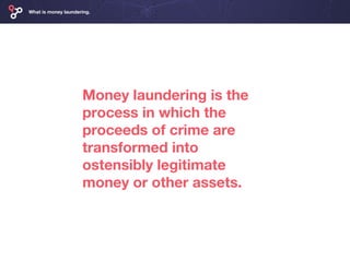 What is money laundering.
Money laundering is the
process in which the
proceeds of crime are
transformed into
ostensibly l...