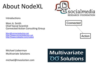 About NodeXL
Introductions
Marc A. Smith
Chief Social Scientist
Connected Action Consulting Group
Marc@connectedaction.net
http://www.connectedaction.net
http://www.codeplex.com/nodexl
Michael Lieberman
Multivariate Solutions
michael@mvsolution.com
 