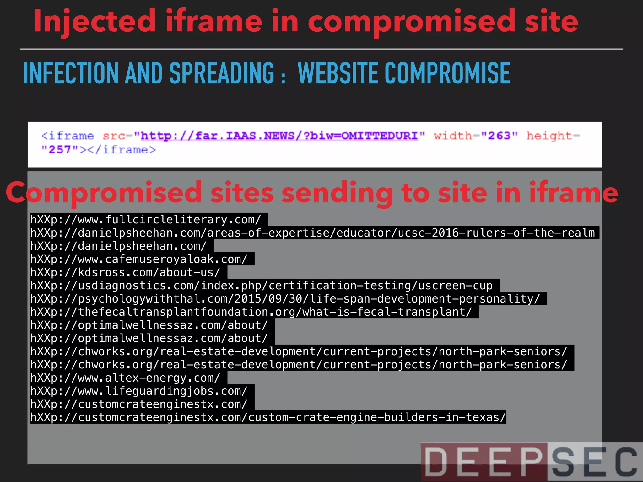 INFECTION AND SPREADING : WEBSITE COMPROMISE
hXXp://www.fullcircleliterary.com/
hXXp://danielpsheehan.com/areas-of-expertise/educator/ucsc-2016-rulers-of-the-realm
hXXp://danielpsheehan.com/
hXXp://www.cafemuseroyaloak.com/
hXXp://kdsross.com/about-us/
hXXp://usdiagnostics.com/index.php/certification-testing/uscreen-cup
hXXp://psychologywiththal.com/2015/09/30/life-span-development-personality/
hXXp://thefecaltransplantfoundation.org/what-is-fecal-transplant/
hXXp://optimalwellnessaz.com/about/
hXXp://optimalwellnessaz.com/about/
hXXp://chworks.org/real-estate-development/current-projects/north-park-seniors/
hXXp://chworks.org/real-estate-development/current-projects/north-park-seniors/
hXXp://www.altex-energy.com/
hXXp://www.lifeguardingjobs.com/
hXXp://customcrateenginestx.com/
hXXp://customcrateenginestx.com/custom-crate-engine-builders-in-texas/
Injected iframe in compromised site
Compromised sites sending to site in iframe
 