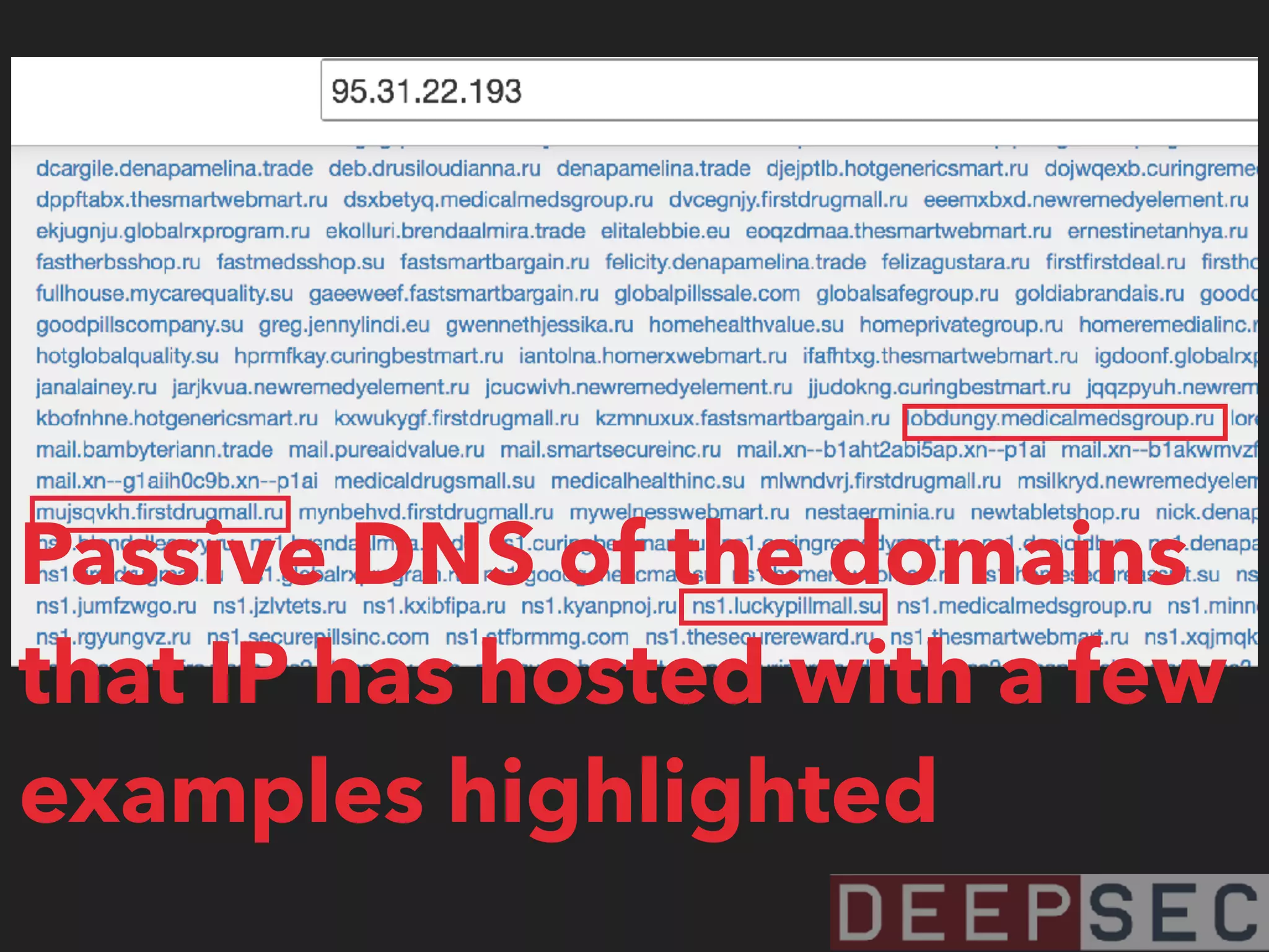 Passive DNS of the domains
that IP has hosted with a few
examples highlighted
 