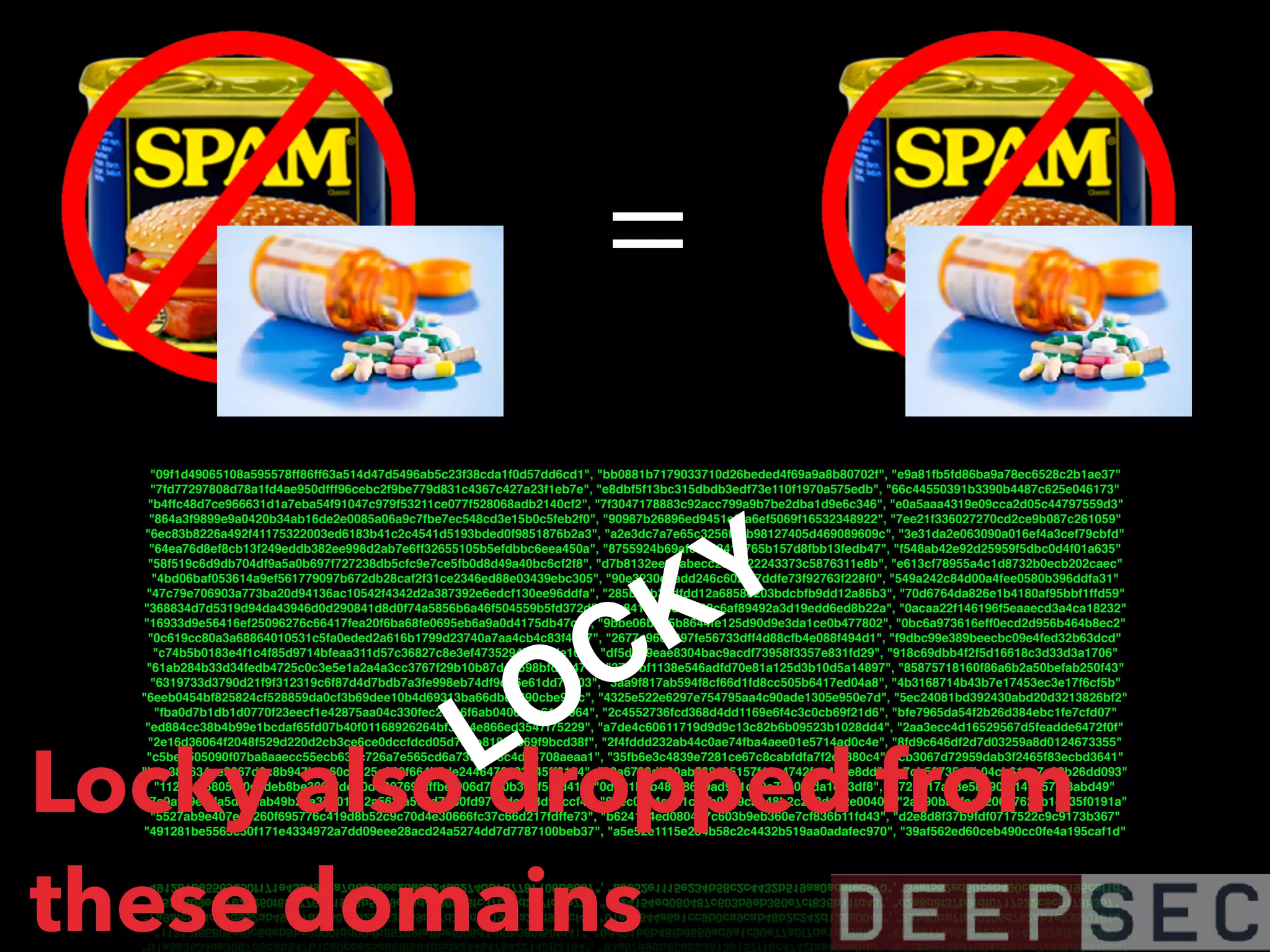 =
"09f1d49065108a595578ff86ff63a514d47d5496ab5c23f38cda1f0d57dd6cd1", "bb0881b7179033710d26beded4f69a9a8b80702f", "e9a81fb5fd86ba9a78ec6528c2b1ae37"
"7fd77297808d78a1fd4ae950dfff96cebc2f9be779d831c4367c427a23f1eb7e", "e8dbf5f13bc315dbdb3edf73e110f1970a575edb", "66c44550391b3390b4487c625e046173"
"b4ffc48d7ce966631d1a7eba54f91047c979f53211ce077f528068adb2140cf2", "7f3047178883c92acc799a9b7be2dba1d9e6c346", "e0a5aaa4319e09cca2d05c44797559d3"
"864a3f9899e9a0420b34ab16de2e0085a06a9c7fbe7ec548cd3e15b0c5feb2f0", "90987b26896ed9451efca6ef5069f16532348922", "7ee21f336027270cd2ce9b087c261059"
"6ec83b8226a492f41175322003ed6183b41c2c4541d5193bded0f9851876b2a3", "a2e3dc7a7e65c3256f21b98127405d469089609c", "3e31da2e063090a016ef4a3cef79cbfd"
"64ea76d8ef8cb13f249eddb382ee998d2ab7e6ff32655105b5efdbbc6eea450a", "8755924b69af00283418765b157d8fbb13fedb47", "f548ab42e92d25959f5dbc0d4f01a635"
"58f519c6d9db704df9a5a0b697f727238db5cfc9e7ce5fb0d8d49a40bc6cf2f8", "d7b8132eed9abecc25fbe22243373c5876311e8b", "e613cf78955a4c1d8732b0ecb202caec"
"4bd06baf053614a9ef561779097b672db28caf2f31ce2346ed88e03439ebc305", "90e3230eeadd246c6020f7ddfe73f92763f228f0", "549a242c84d00a4fee0580b396ddfa31"
"47c79e706903a773ba20d94136ac10542f4342d2a387392e6edcf130ee96ddfa", "285b2ab27dfdd12a68580203bdcbfb9dd12a86b3", "70d6764da826e1b4180af95bbf1ffd59"
"368834d7d5319d94da43946d0d290841d8d0f74a5856b6a46f504559b5fd372d", "4c8414606e68502c6af89492a3d19edd6ed8b22a", "0acaa22f146196f5eaaecd3a4ca18232"
"16933d9e56416ef25096276c66417fea20f6ba68fe0695eb6a9a0d4175db47cd", "9bbe06b5b5b8644fe125d90d9e3da1ce0b477802", "0bc6a973616eff0ecd2d956b464b8ec2"
"0c619cc80a3a68864010531c5fa0eded2a616b1799d23740a7aa4cb4c83f4a57", "2677c96ea397fe56733dff4d88cfb4e088f494d1", "f9dbc99e389beecbc09e4fed32b63dcd"
"c74b5b0183e4f1c4f85d9714bfeaa311d57c36827c8e3ef473529477ffbde107", "df5d499eae8304bac9acdf73958f3357e831fd29", "918c69dbb4f2f5d16618c3d33d3a1706"
"61ab284b33d34fedb4725c0c3e5e1a2a4a3cc3767f29b10b87dd8598bfda2471", "3743bf1138e546adfd70e81a125d3b10d5a14897", "85875718160f86a6b2a50befab250f43"
"6319733d3790d21f9f312319c6f87d4d7bdb7a3fe998eb74df9d46e61dd73e03", "3aa9f817ab594f8cf66d1fd8cc505b6417ed04a8", "4b3168714b43b7e17453ec3e17f6cf5b"
"6eeb0454bf825824cf528859da0cf3b69dee10b4d69313ba66dbea690cbe94fc", "4325e522e6297e754795aa4c90ade1305e950e7d", "5ec24081bd392430abd20d3213826bf2"
"fba0d7b1db1d0770f23eecf1e42875aa04c330fec2f4a6f6ab0406cee61e5964", "2c4552736fcd368d4dd1169e6f4c3c0cb69f21d6", "bfe7965da54f2b26d384ebc1fe7cfd07"
"ed884cc38b4b99e1bcdaf65fd07b40f01168926264bf3b44e866ed3547f75229", "a7de4c60611719d9d9c13c82b6b09523b1028dd4", "2aa3ecc4d16529567d5feadde6472f0f"
"2e16d36064f2048f529d220d2cb3ce6ce0dccfdcd05d7c9b81802369f9bcd38f", "2f4fddd232ab44c0ae74fba4aee01e5714ad0c4e", "8fd9c646df2d7d03259a8d0124673355"
"c5be3505090f07ba8aaecc55ecb639c726a7e565cd6a735e958c4da5708aeaa1", "35fb6e3c4839e7281ce67c8cabfdfa7f2e7380c4", "cb3067d72959dab3f2465f83ecbd3641"
"b1a383634ee3067d6c8b947b1c60cee25a869f664b5de2446476422145ff3184", "93a6789db80ab538135157f16c4742faa40ce8dd", "b7cb59735d7b04cb61ac7c29b26dd093"
"11213f65805ef0c6deb8be3000fdd00db89769faffbef006d7df0b380f50fd41", "0dd21b6b48fb8669ad9a1c90e77a0f7da1da3df8", "4723b17ae8e58290f4147657af8abd49"
"7a9afc9edda5d992ab49b27a376012a2a563fa59ad7d30fd9719daa28d98ccf4", "01ec0844a6a1cc9b0ca9cab48b2c242d122e0040", "2ab90bb7fac0206d762eb1e235f0191a"
"5527ab9e407e24260f695776c419d8b52c9c70d4e30666fc37c66d217fdffe73", "b624154ed080487c603b9eb360e7cf836b11fd43", "d2e8d8f37b9fdf0717522c9c9173b367"
"491281be5565c50f171e4334972a7dd09eee28acd24a5274dd7d7787100beb37", "a5e52e1115e234b58c2c4432b519aa0adafec970", "39af562ed60ceb490cc0fe4a195caf1d"
LOCKY
Locky also dropped from
these domains
 