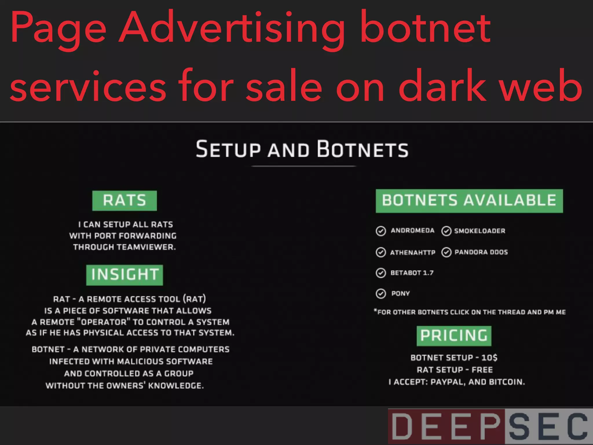 Page Advertising botnet
services for sale on dark web
 