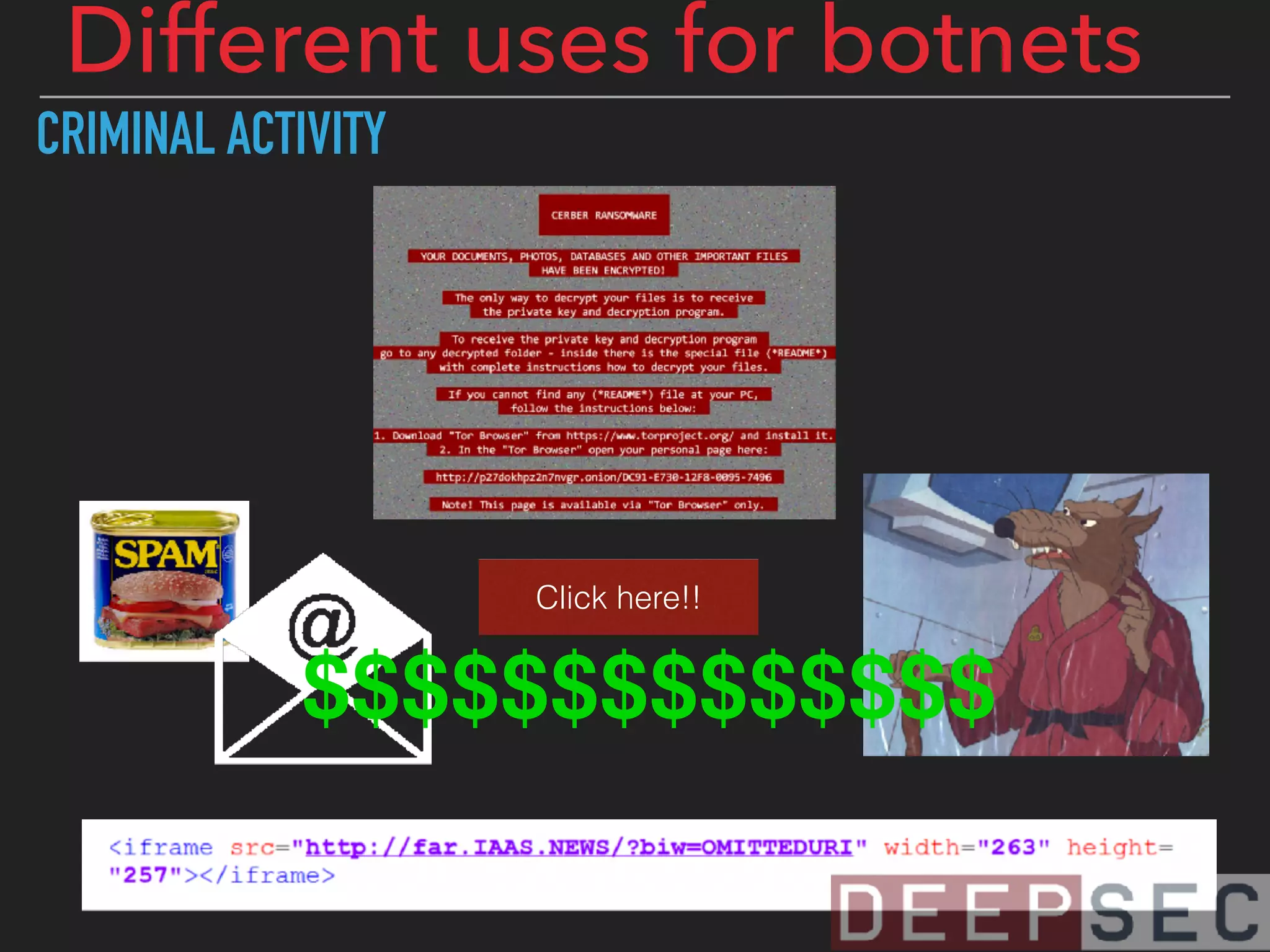 CRIMINAL ACTIVITY
Click here!!
$$$$$$$$$$$$$$
Different uses for botnets
 