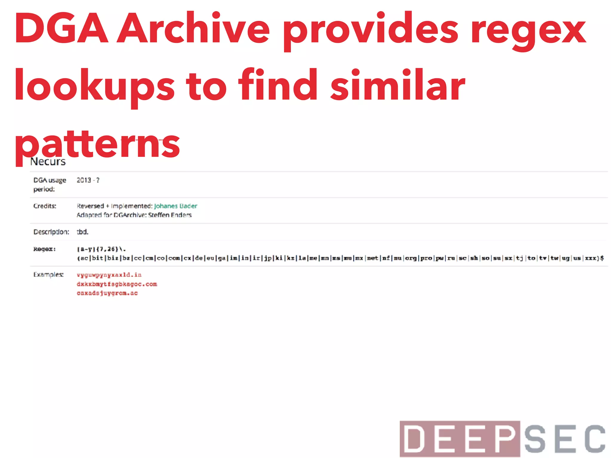 DGA Archive provides regex
lookups to ﬁnd similar
patterns
 