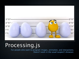 Processing.js
  For people who want to program images, animation, and interactions.
                          Doesn’t work in the usual suspect’s browser.
 