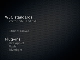 W3C standards

   Vector: VML and SVG



   Bitmap: canvas


Plug-ins

 Java Applet

 Flash

 Silverlight
 