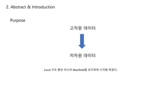 2. Abstract & Introduction
Purpose
Local 구조 뿐만 아니라 Manifold를 유지하며 시각화 하겠다.
고차원 데이터
저차원 데이터
 