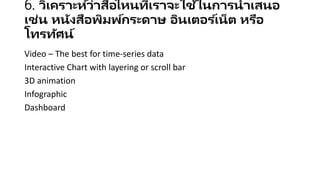6. วิเคราะห์ว่าสื่อไหนที่เราจะใช้ในการนาเสนอ เช่น หนังสือพิมพ์กระดาษ
อินเตอร์เน็ต หรือโทรทัศน์
Video – The best for time-series data
Interactive Chart with layering or scroll bar
3D animation
Infographic
Dashboard
 