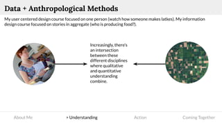 About Me > Understanding Action Coming Together
Data + Anthropological Methods
My user centered design course focused on one person (watch how someone makes latkes). My information
design course focused on stories in aggregate (who is producing food?).
Increasingly, there’s
an intersection
between these
different disciplines
where qualitative
and quantitative
understanding
combine.
 