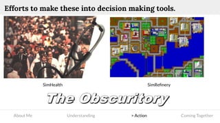 About Me Understanding > Action Coming Together
Efforts to make these into decision making tools.
SimHealth SimReﬁnery
 