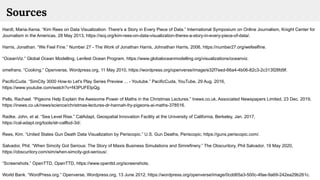 Sources
Hardt, Maria-Xenia. “Kim Rees on Data Visualization: There's a Story in Every Piece of Data.” International Symposium on Online Journalism, Knight Center for
Journalism in the Americas, 28 May 2013, https://isoj.org/kim-rees-on-data-visualization-theres-a-story-in-every-piece-of-data/.
Harris, Jonathan. “We Feel Fine.” Number 27 - The Work of Jonathan Harris, Johnathan Harris, 2006, https://number27.org/wefeelfine.
“OceanViz.” Global Ocean Modelling, Lenfest Ocean Program, https://www.globaloceanmodelling.org/visualizations/oceanviz.
omefrans. “Cooking.” Openverse, Wordpress.org, 11 May 2010, https://wordpress.org/openverse/image/e32f7eed-66a4-4b06-82c3-2c313f28fd9f.
PacificCuda. “SimCity 3000 How-to Let's Play Series Preview ... - Youtube.” PacificCuda, YouTube, 29 Aug. 2016,
https://www.youtube.com/watch?v=f43PUFEIpQg.
Pells, Rachael. “Pigeons Help Explain the Awesome Power of Maths in the Christmas Lectures.” Inews.co.uk, Associated Newspapers Limited, 23 Dec. 2019,
https://inews.co.uk/news/science/christmas-lectures-dr-hannah-fry-pigeons-ai-maths-378516.
Radke, John, et al. “Sea Level Rise.” CalAdapt, Geospatial Innovation Facility at the University of California, Berkeley, Jan. 2017,
https://cal-adapt.org/tools/slr-calflod-3d/.
Rees, Kim. “United States Gun Death Data Visualization by Periscopic.” U.S. Gun Deaths, Periscopic, https://guns.periscopic.com/.
Salvador, Phil. “When Simcity Got Serious: The Story of Maxis Business Simulations and Simrefinery.” The Obscuritory, Phil Salvador, 19 May 2020,
https://obscuritory.com/sim/when-simcity-got-serious/.
“Screenshots.” OpenTTD, OpenTTD, https://www.openttd.org/screenshots.
World Bank. “WordPress.org.” Openverse, Wordpress.org, 13 June 2012, https://wordpress.org/openverse/image/0cdd65a3-500c-4fae-9a69-242ea29b261c.
 