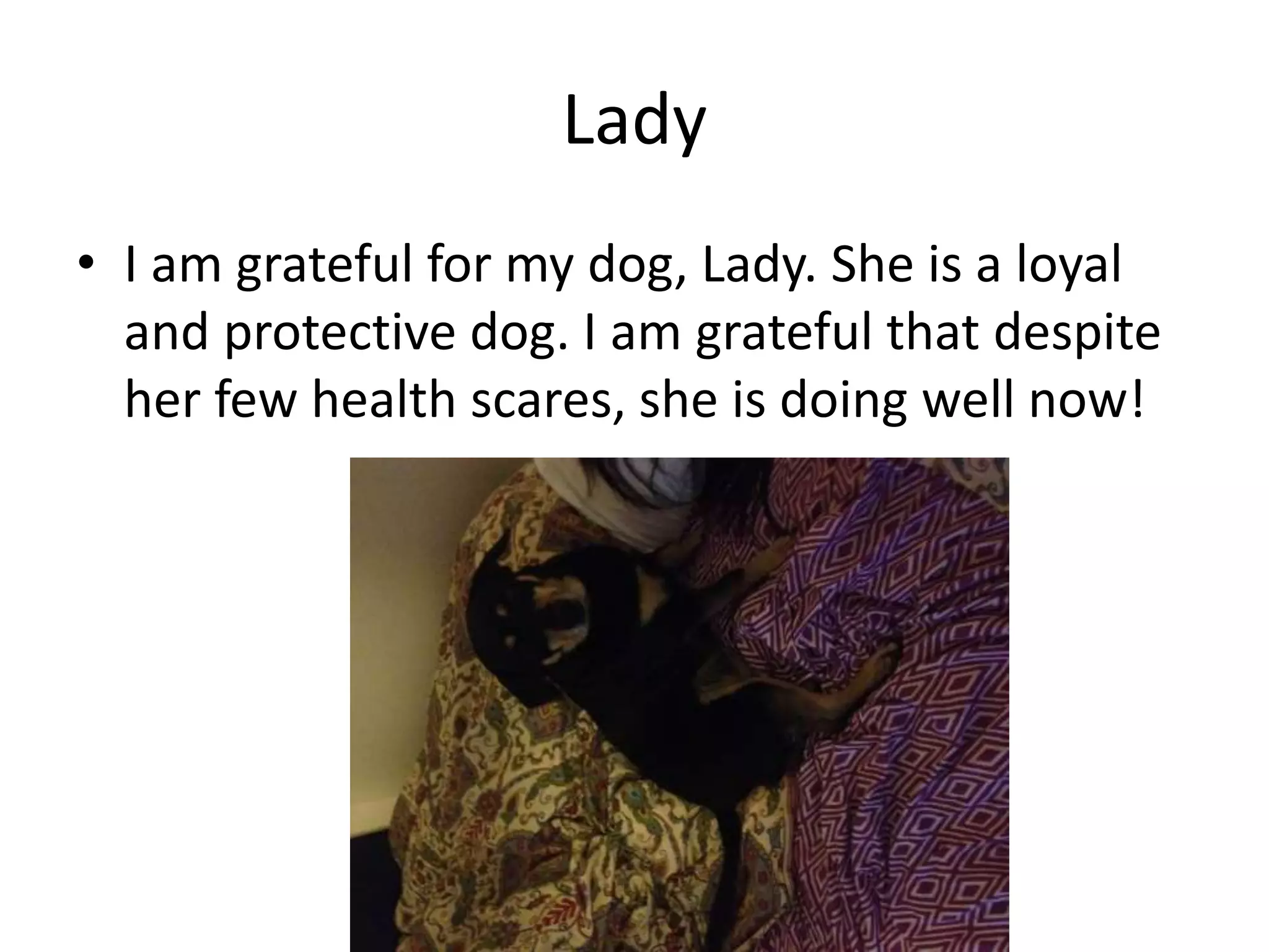 Lady
• I am grateful for my dog, Lady. She is a loyal
and protective dog. I am grateful that despite
her few health scares, she is doing well now!
 