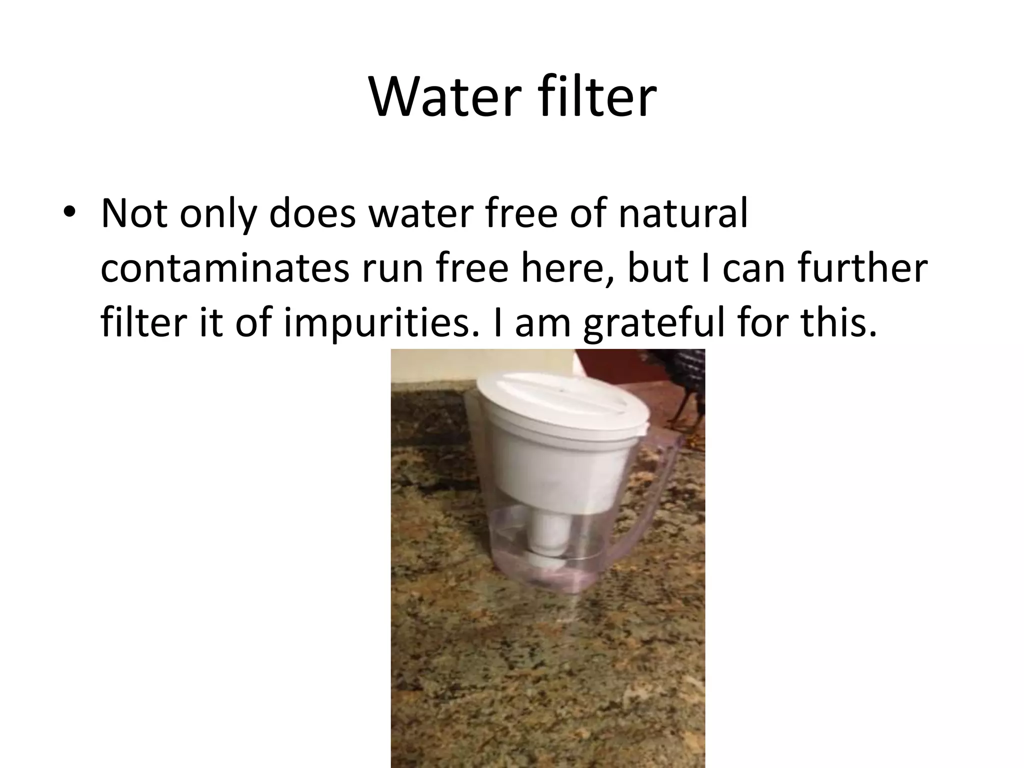 Water filter
• Not only does water free of natural
contaminates run free here, but I can further
filter it of impurities. I am grateful for this.
 