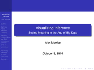 Visualizing 
Inference 
Alex Morrise 
Outline 
Big Data 
meets 
Machine 
Learning 
Machine 
Learning Pros 
and Cons 
What is Business 
Value of ML? 
ML vs. BI 
ML disclaimer 
Personalization 
Visualizing 
Inference 
ML Infancy 
Cases Studies 
Summary 
Visualizing Inference 
Seeing Meaning in the Age of Big Data 
Alex Morrise 
October 9, 2014 
 