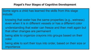 Piaget’s Four Stages of Cognitive Development
Some signs a child has learned the skills from this stage
include:
 knowing that water has the same properties (e.g., wetness)
even when it is in different vessels or has a different color
 understanding that water can freeze and then melt again but
that other changes are permanent
 being able to organize crayons into groups based on their
color
 being able to sort their toys into order, based on their size or
importance
 