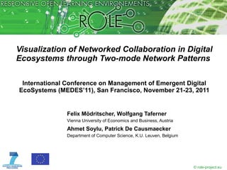 Visualization of Networked Collaboration in Digital
Ecosystems through Two-mode Network Patterns

 International Conference on Management of Emergent Digital
EcoSystems (MEDES’11), San Francisco, November 21-23, 2011


              Felix Mödritscher, Wolfgang Taferner
              Vienna University of Economics and Business, Austria
              Ahmet Soylu, Patrick De Causmaecker
              Department of Computer Science, K.U. Leuven, Belgium




                                                                     © role-project.eu
 