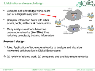 1. Motivation and research design

 Learners and knowledge workers are
  part of a Digital Ecosystem

 Complex interaction flows with other
  actors, tools, artifacts, & communities

 Many analysis methods based on
  one-mode networks (like SNA), thus
  reducing complexity but also information

Research design:

 Idea: Application of two-mode networks to analyze and visualize
  networked collaboration in Digital Ecosystems

 (a) review of related work, (b) comparing one and two-mode networks




21-23/11/2011           MEDES’11, San Francisco, 2011       3/11 , © role-project.eu
 