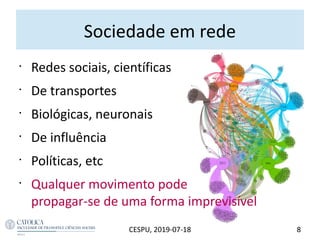 Sociedade em rede
•
Redes sociais, científicas
•
De transportes
•
Biológicas, neuronais
•
De influência
•
Políticas, etc
•
Qualquer movimento pode
propagar-se de uma forma imprevisível
8CESPU, 2019-07-18
 