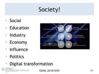 Society!
•
Social
•
Education
•
Industry
•
Economy
•
Influence
•
Politics
•
Digital transformation
11SSIIM, 2019/10/07
 