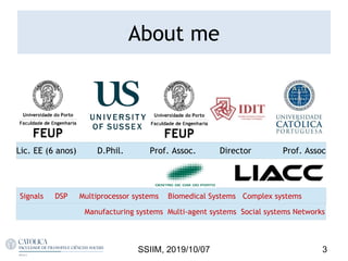 About me
3SSIIM, 2019/10/07
Lic. EE (6 anos) D.Phil. Prof. Assoc. Director Prof. Assoc
Signals DSP Multiprocessor systems Biomedical Systems Complex systems
Manufacturing systems Multi-agent systems Social systems Networks
Lic. EE (6 anos) D.Phil. Prof. Assoc. Director Prof. AssocLic. EE (6 anos) D.Phil. Prof. Assoc. Director Prof. Assoc
 