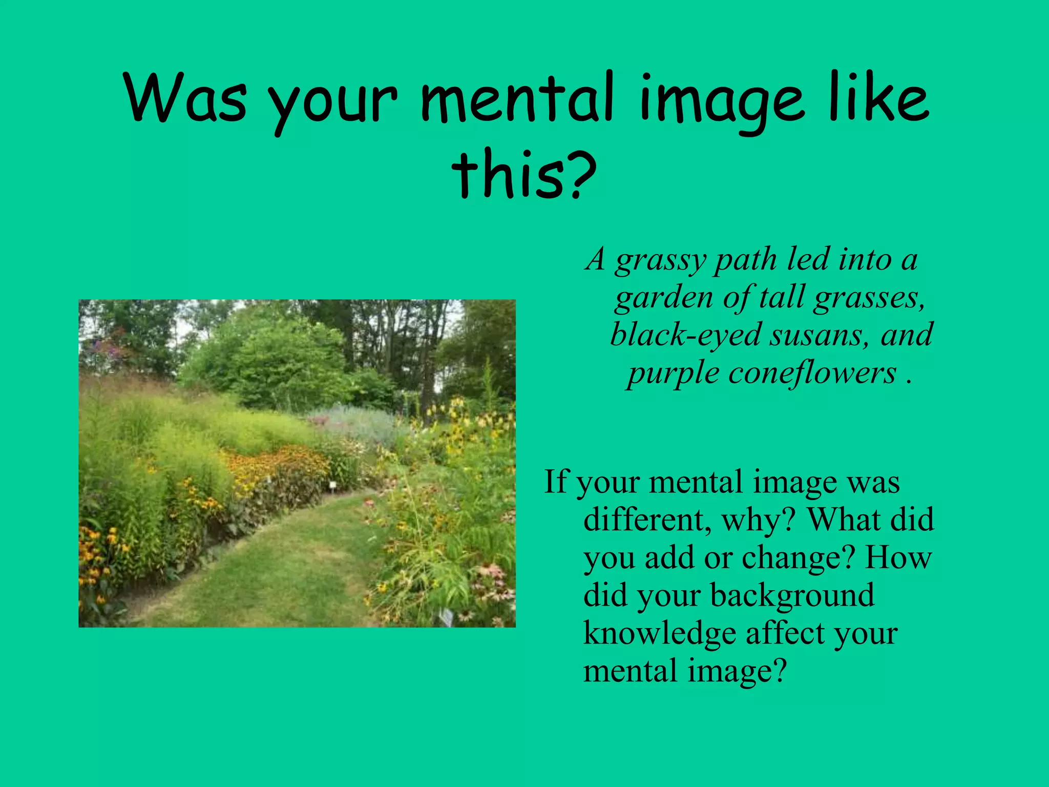 Was your mental image like
this?
A grassy path led into a
garden of tall grasses,
black-eyed susans, and
purple coneflowers .
If your mental image was
different, why? What did
you add or change? How
did your background
knowledge affect your
mental image?
 