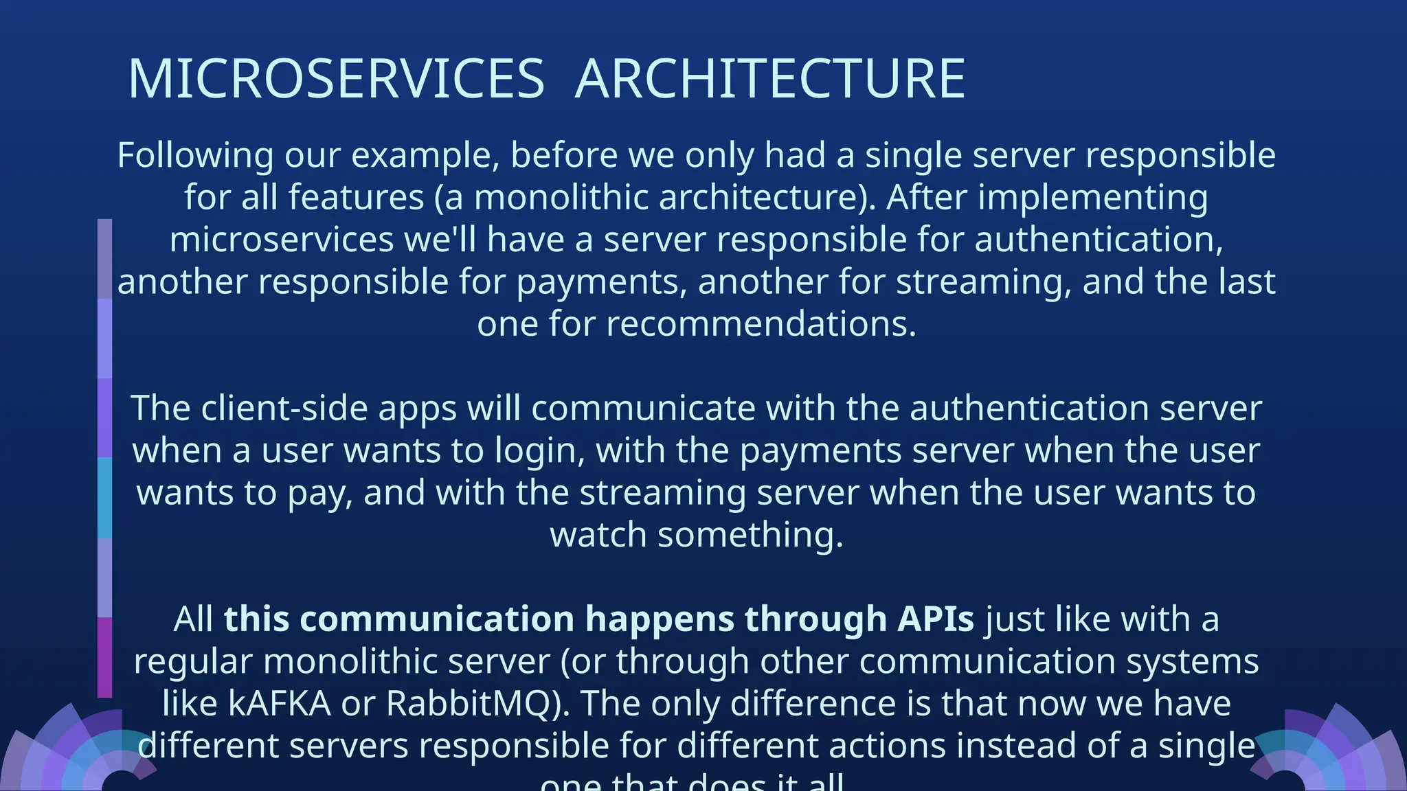 Following our example, before we only had a single server responsible
for all features (a monolithic architecture). After implementing
microservices we'll have a server responsible for authentication,
another responsible for payments, another for streaming, and the last
one for recommendations.
The client-side apps will communicate with the authentication server
when a user wants to login, with the payments server when the user
wants to pay, and with the streaming server when the user wants to
watch something.
All this communication happens through APIs just like with a
regular monolithic server (or through other communication systems
like kAFKA or RabbitMQ). The only difference is that now we have
different servers responsible for different actions instead of a single
MICROSERVICES ARCHITECTURE
 