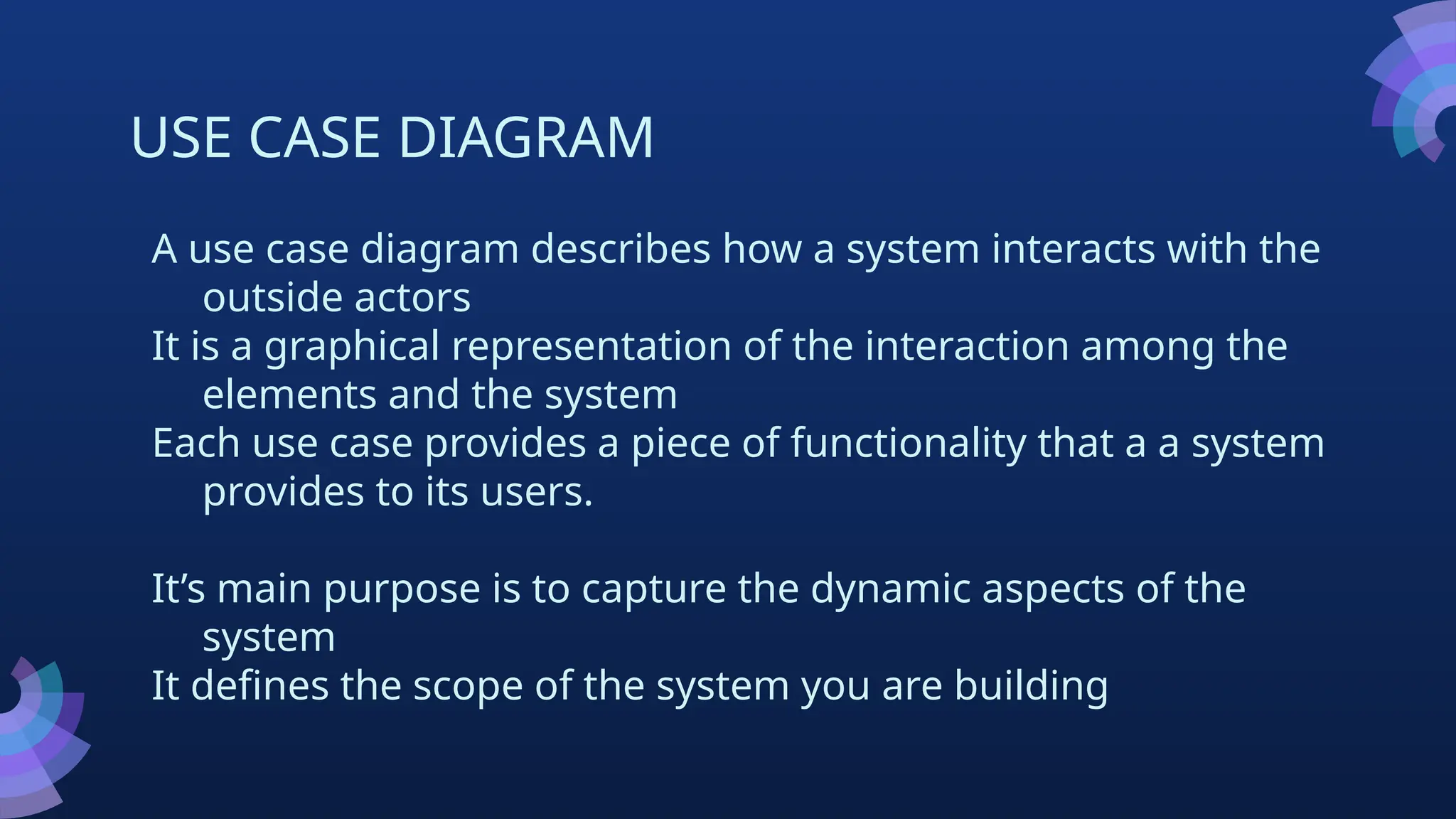USE CASE DIAGRAM
A use case diagram describes how a system interacts with the
outside actors
It is a graphical representation of the interaction among the
elements and the system
Each use case provides a piece of functionality that a a system
provides to its users.
It’s main purpose is to capture the dynamic aspects of the
system
It defines the scope of the system you are building
 