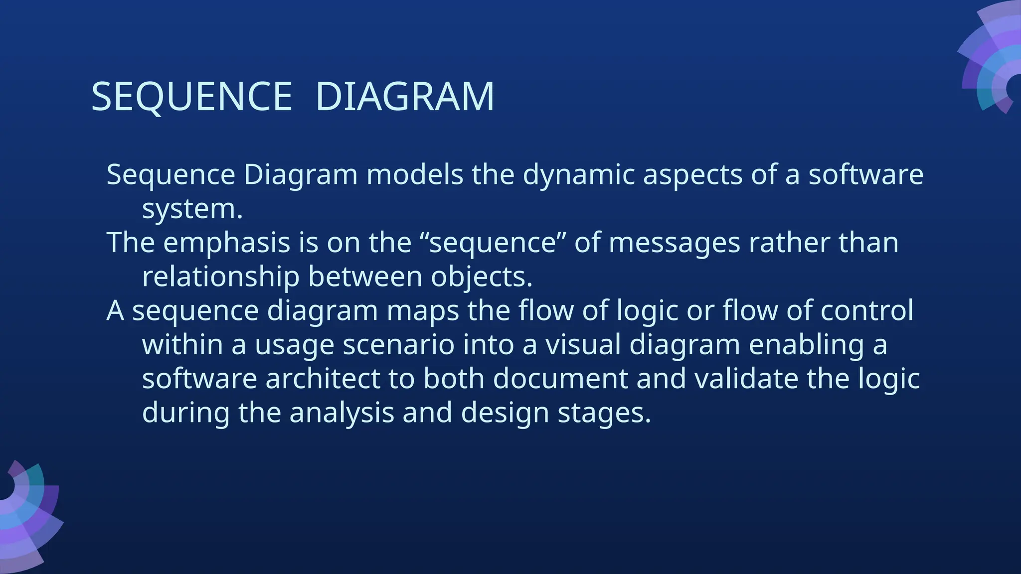 SEQUENCE DIAGRAM
Sequence Diagram models the dynamic aspects of a software
system.
The emphasis is on the “sequence” of messages rather than
relationship between objects.
A sequence diagram maps the flow of logic or flow of control
within a usage scenario into a visual diagram enabling a
software architect to both document and validate the logic
during the analysis and design stages.
 