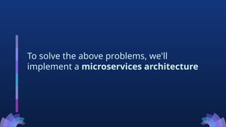 To solve the above problems, we'll
implement a microservices architecture
 