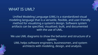 WHAT IS UML?
Unified Modeling Language (UML) is a standardized visual
modeling language that is a versatile, flexible, and user-friendly
method for visualizing a system’s design. Software system
artifacts can be specified, visualized, built, and documented
with the use of UML.
We use UML diagrams to show the behavior and structure of a
system.
UML helps software engineers, businessmen, and system
architects with modeling, design, and analysis.
 