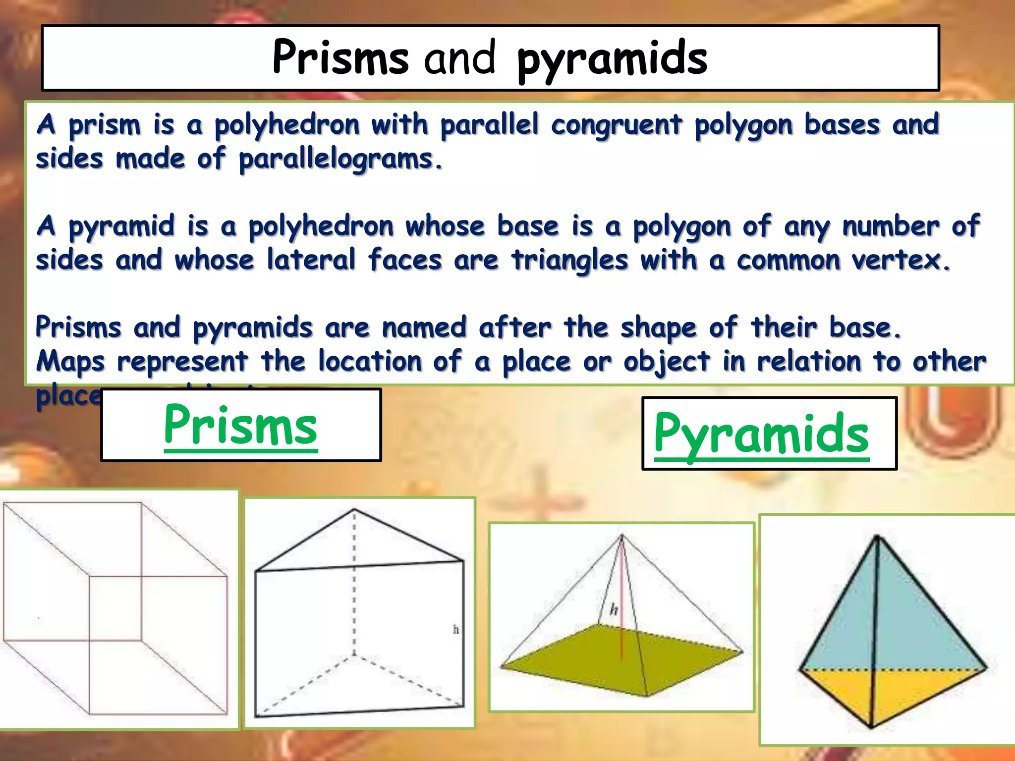 Prisms and pyramids 
A prism is a polyhedron with parallel congruent polygon bases and 
sides made of parallelograms. 
A pyramid is a polyhedron whose base is a polygon of any number of 
sides and whose lateral faces are triangles with a common vertex. 
Prisms and pyramids are named after the shape of their base. 
Maps represent the location of a place or object in relation to other 
places or objects. 
Prisms Pyramids 
 