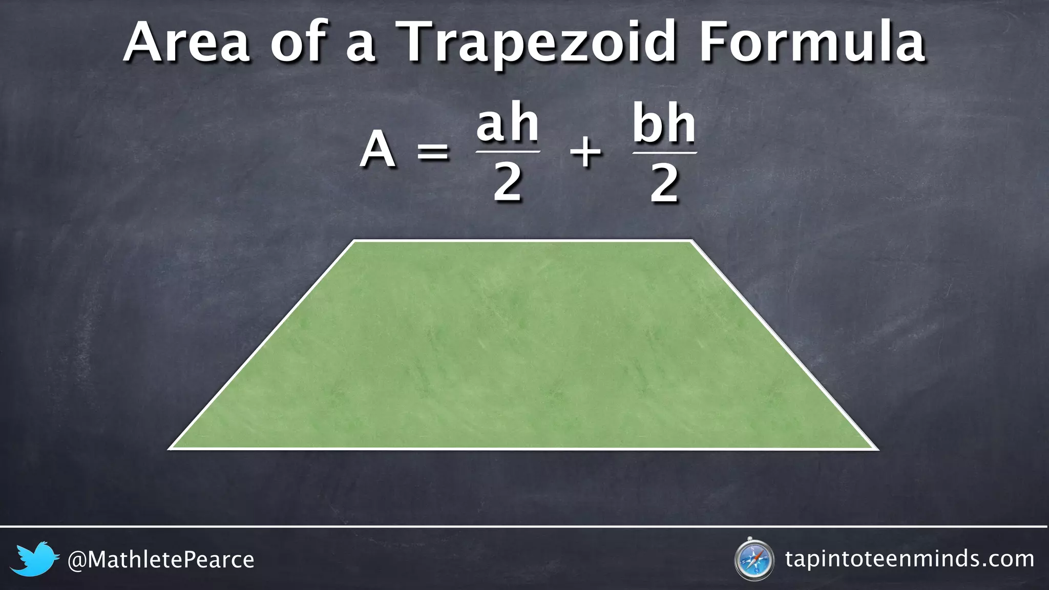 Area of a Trapezoid Formula 
A = 
h 
ah b 
2 
2 
+ 
@MathletePearce tapintoteenminds.com 
 