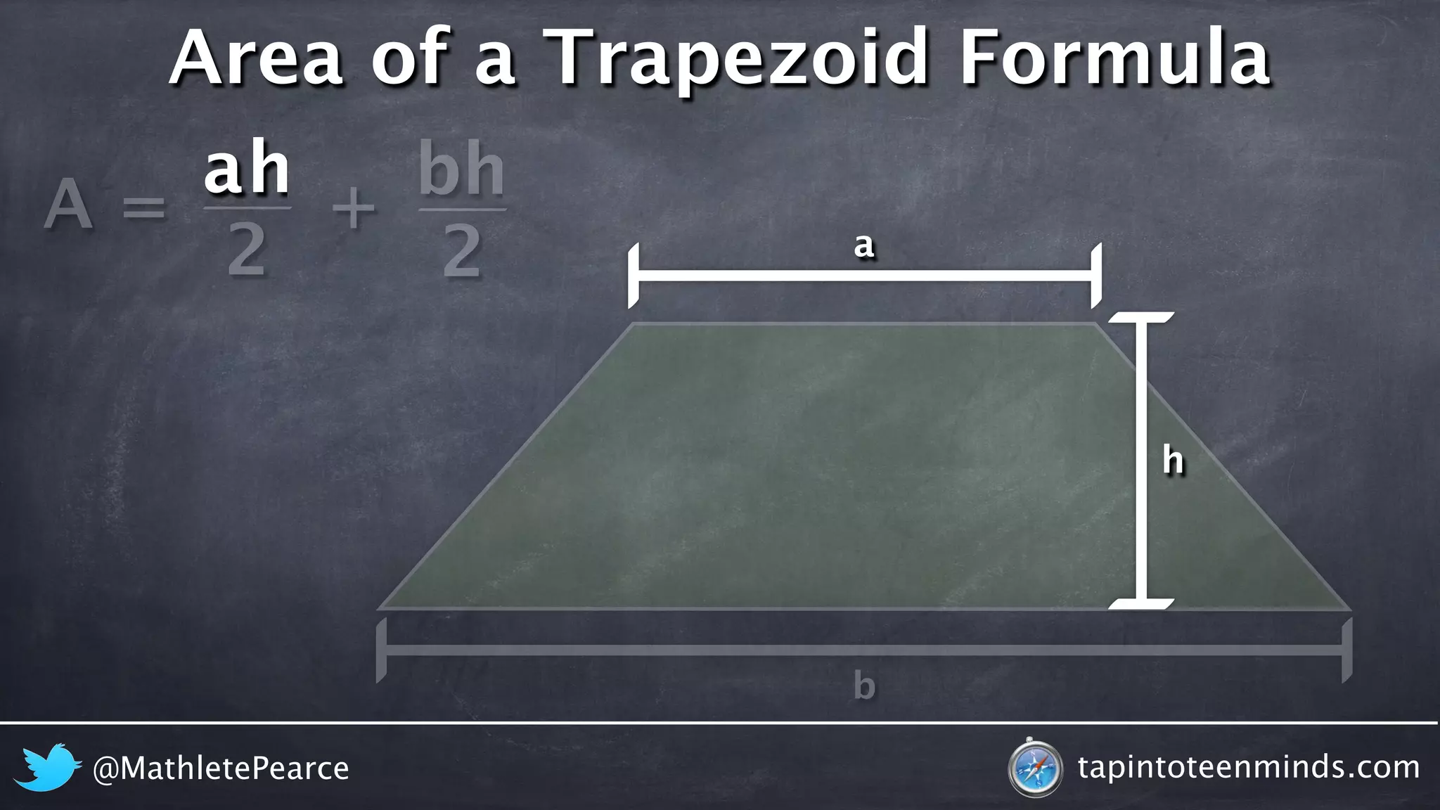 Area of a Trapezoid Formula 
A = 
h 
b 
2 
h 
a 
2 
h 
a 
b 
+ 
@MathletePearce tapintoteenminds.com 
 