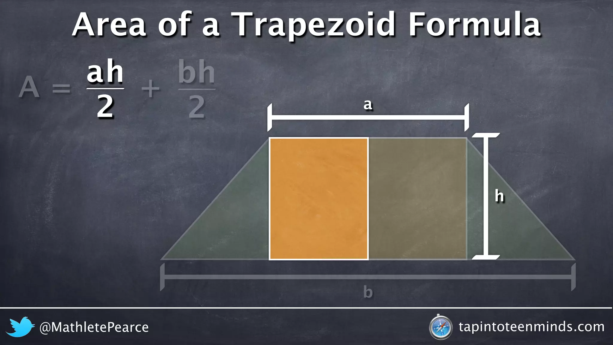 Area of a Trapezoid Formula 
A = 
h 
b 
2 
h 
a 
ah 
2 
h 
a 
b 
+ 
@MathletePearce tapintoteenminds.com 
 