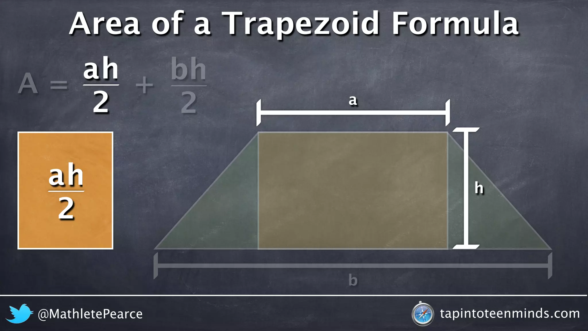 Area of a Trapezoid Formula 
A = 
h 
b 
2 
h 
a 
2 
h 
a 
b 
+ 
ah 
2 
@MathletePearce tapintoteenminds.com 
 