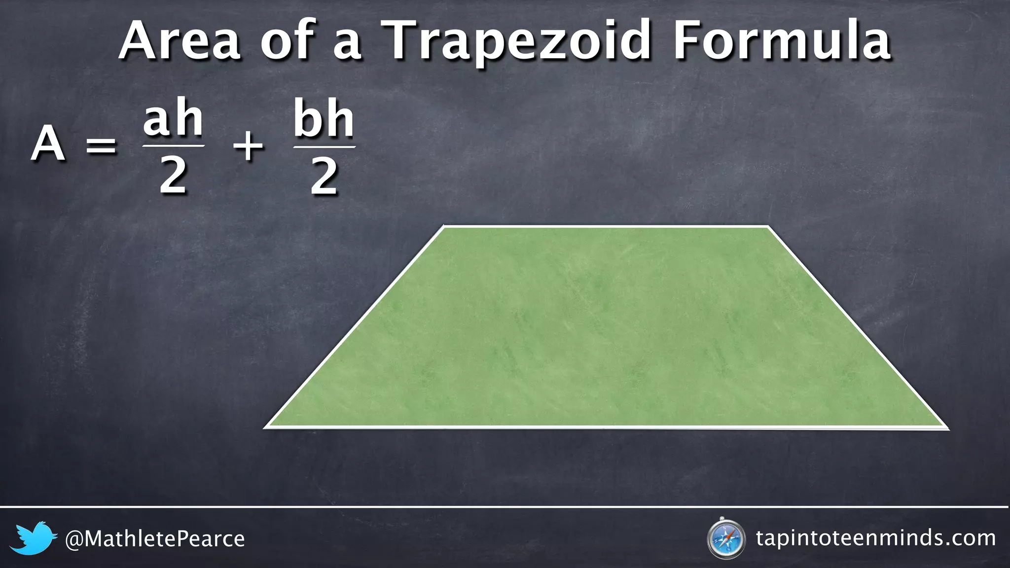Area of a Trapezoid Formula 
A = 
h 
ah b 
2 
2 
+ 
@MathletePearce tapintoteenminds.com 
 