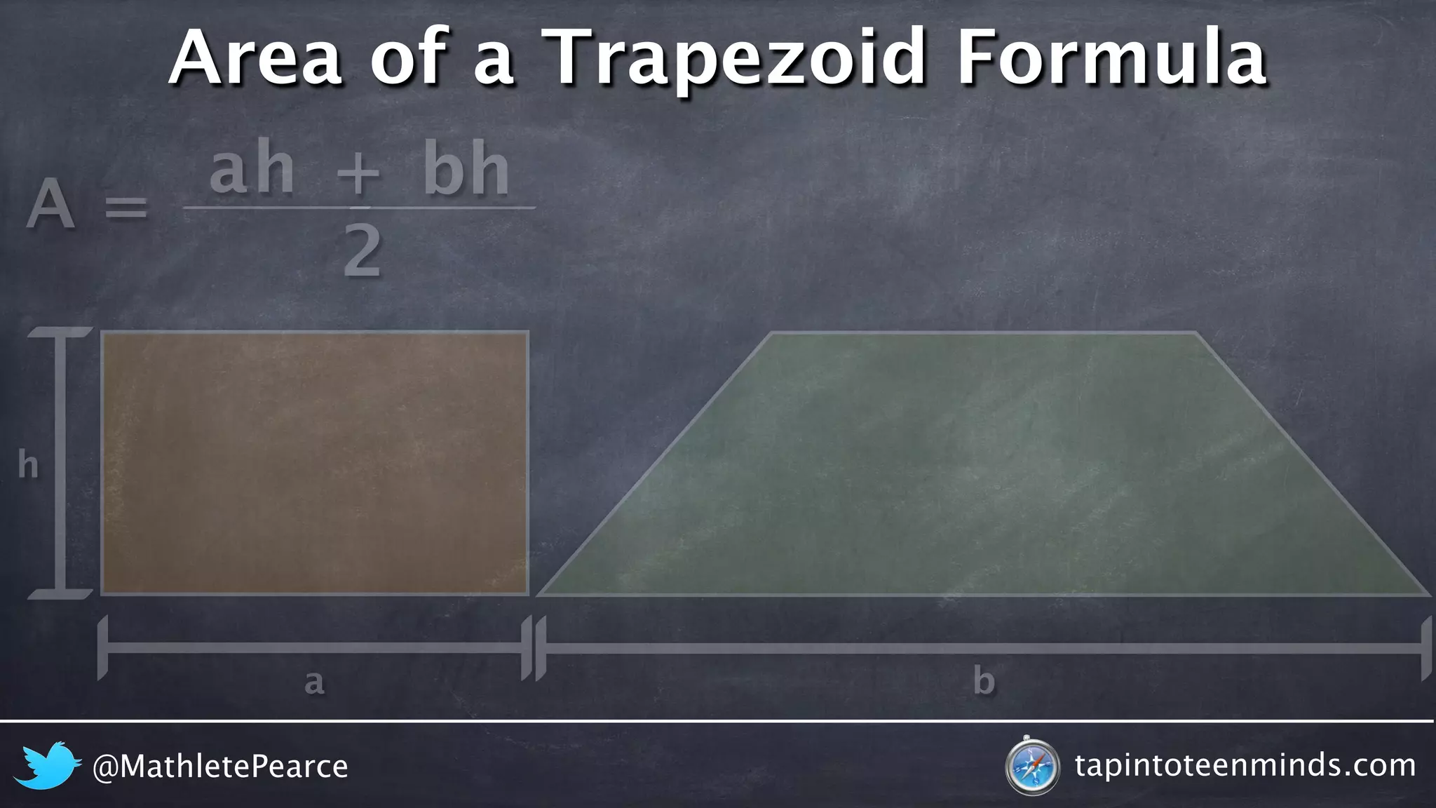 A = 
Area of a Trapezoid Formula 
ah + 
bh 
2 
@MathletePearce tapintoteenminds.com 
h 
a b 
 