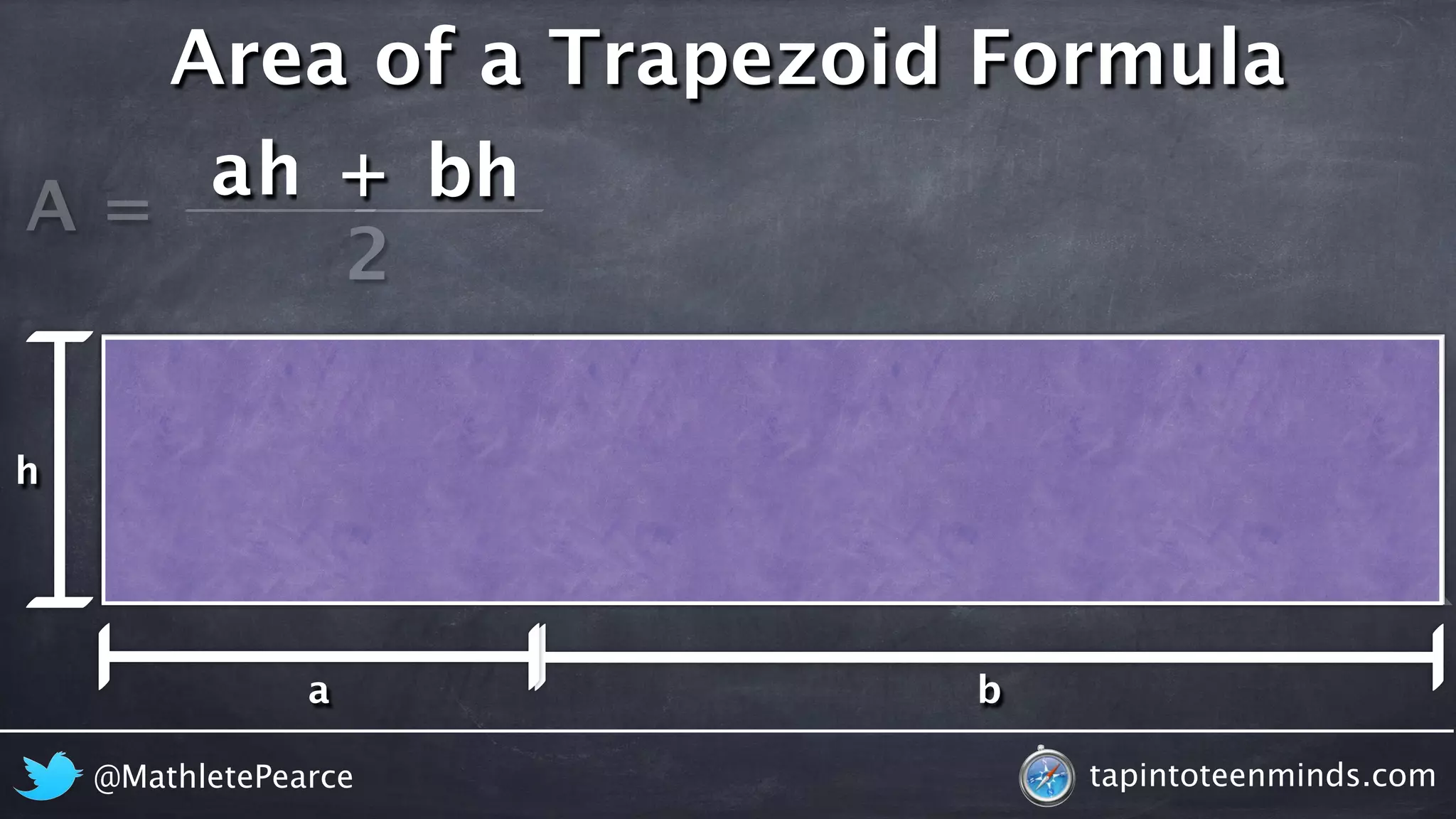 A = 
Area of a Trapezoid Formula 
ah + 
bh 
2 
@MathletePearce tapintoteenminds.com 
h 
a b 
 