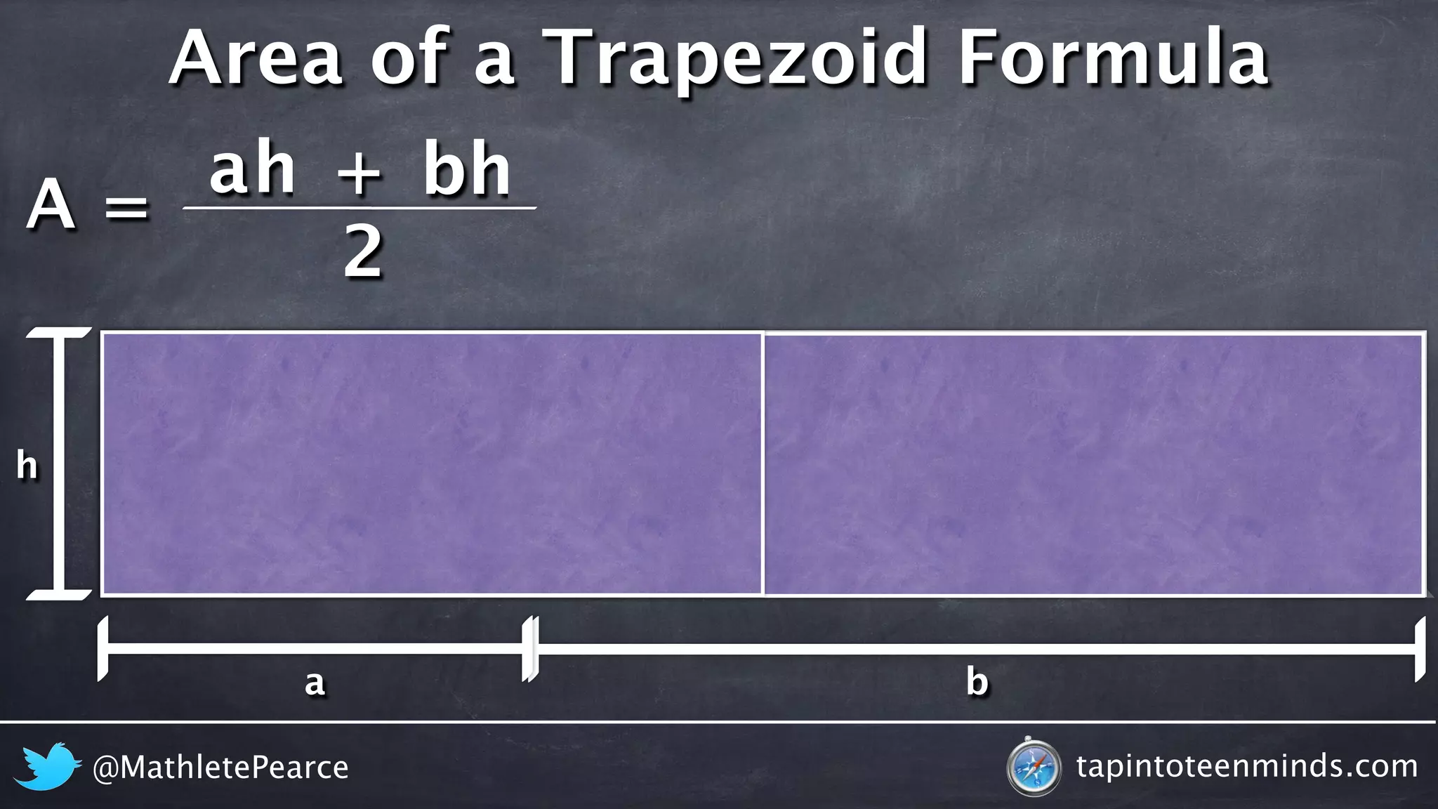 A = 
Area of a Trapezoid Formula 
ah + 
bh 
2 
@MathletePearce tapintoteenminds.com 
h 
a b 
 