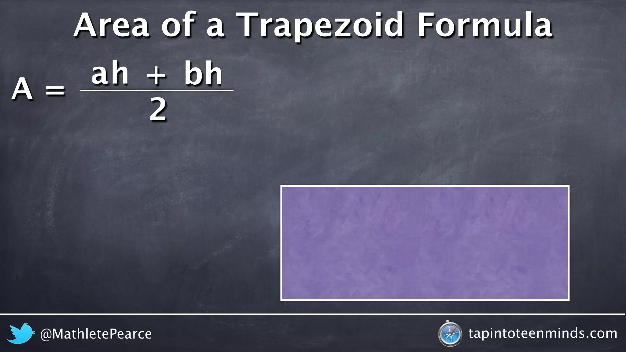 A = 
Area of a Trapezoid Formula 
ah + 
bh 
2 
@MathletePearce tapintoteenminds.com 
 