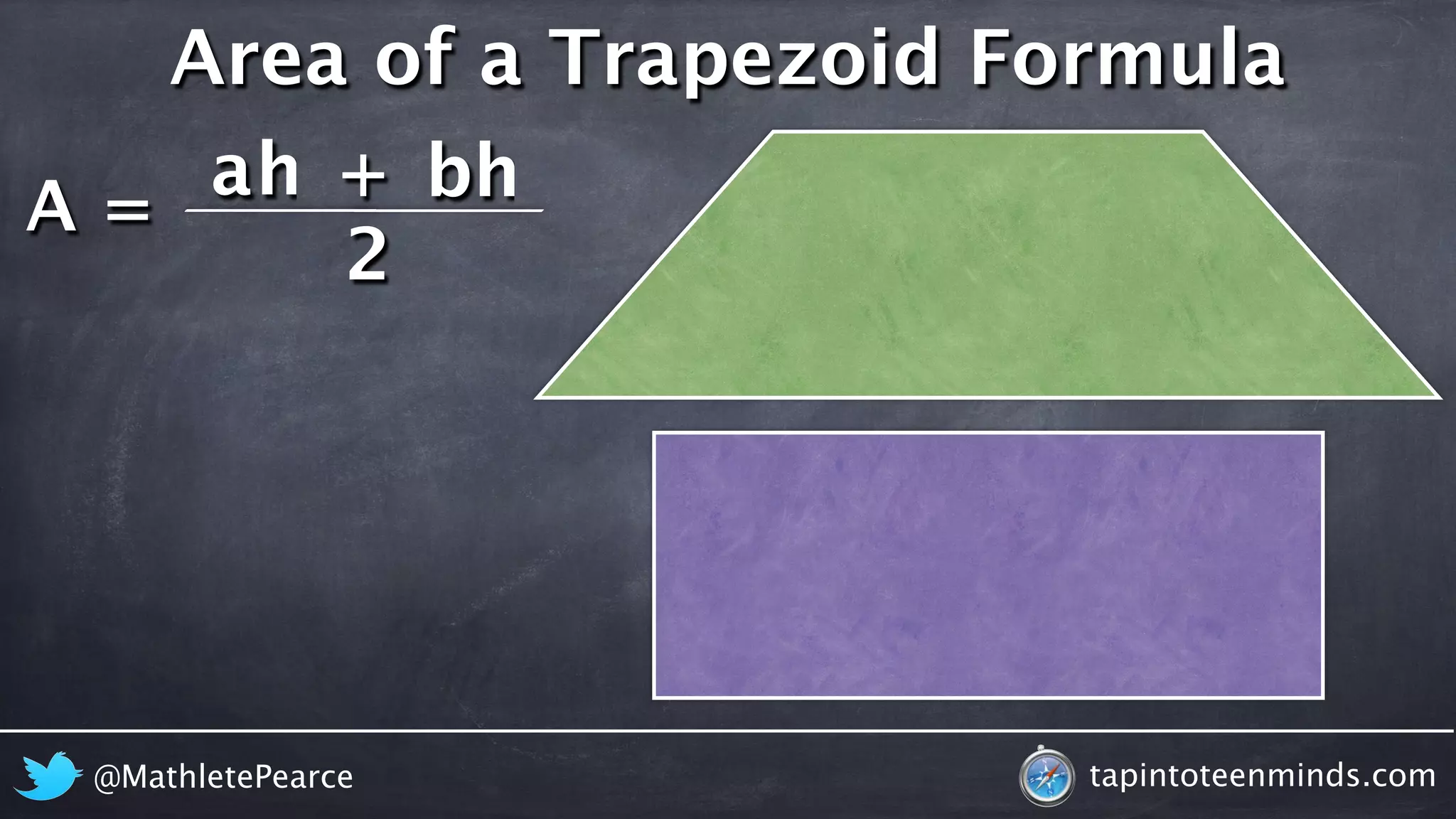 A = 
Area of a Trapezoid Formula 
ah + 
bh 
2 
@MathletePearce tapintoteenminds.com 
 
