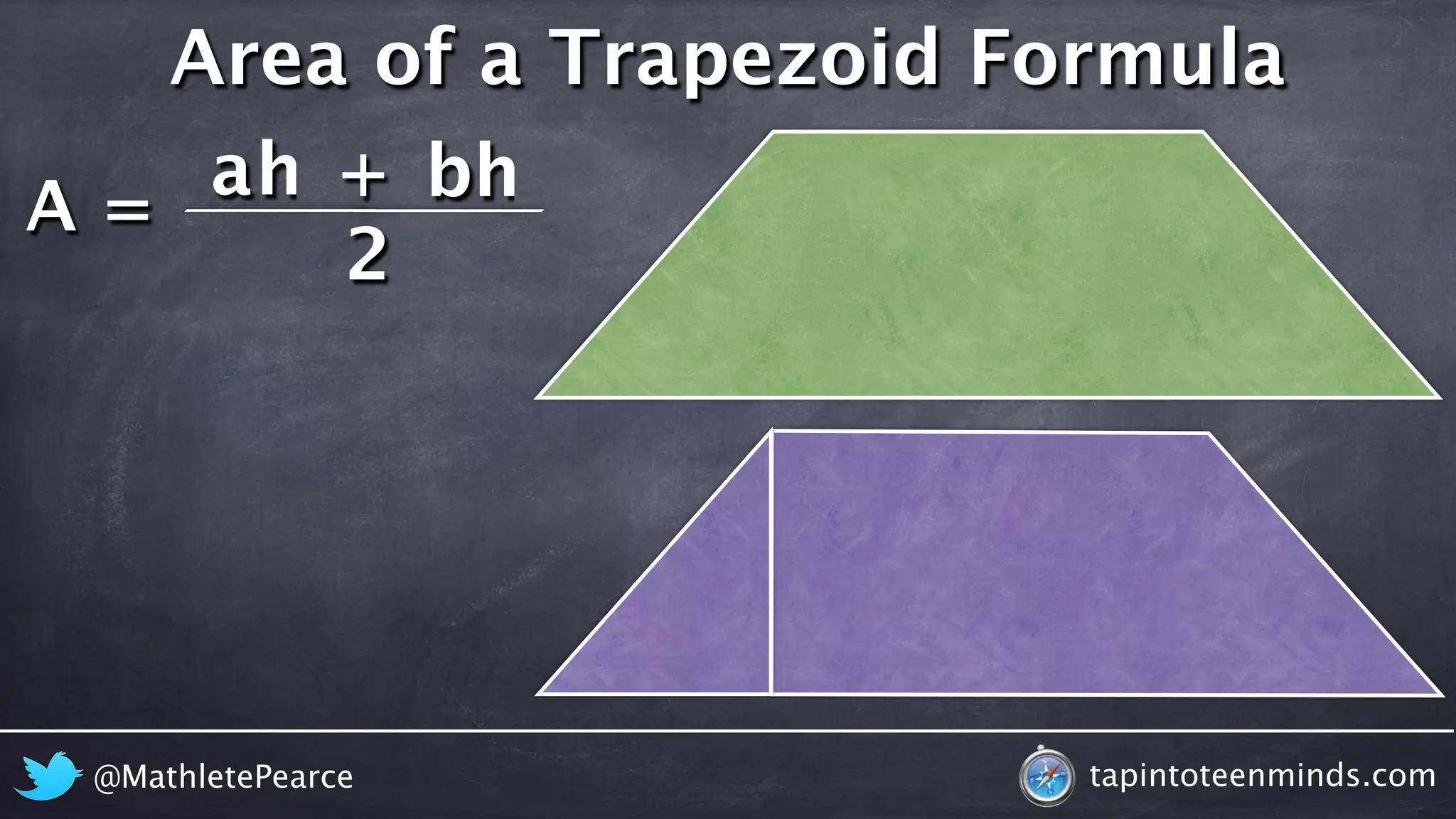 A = 
Area of a Trapezoid Formula 
ah + 
bh 
2 
@MathletePearce tapintoteenminds.com 
 