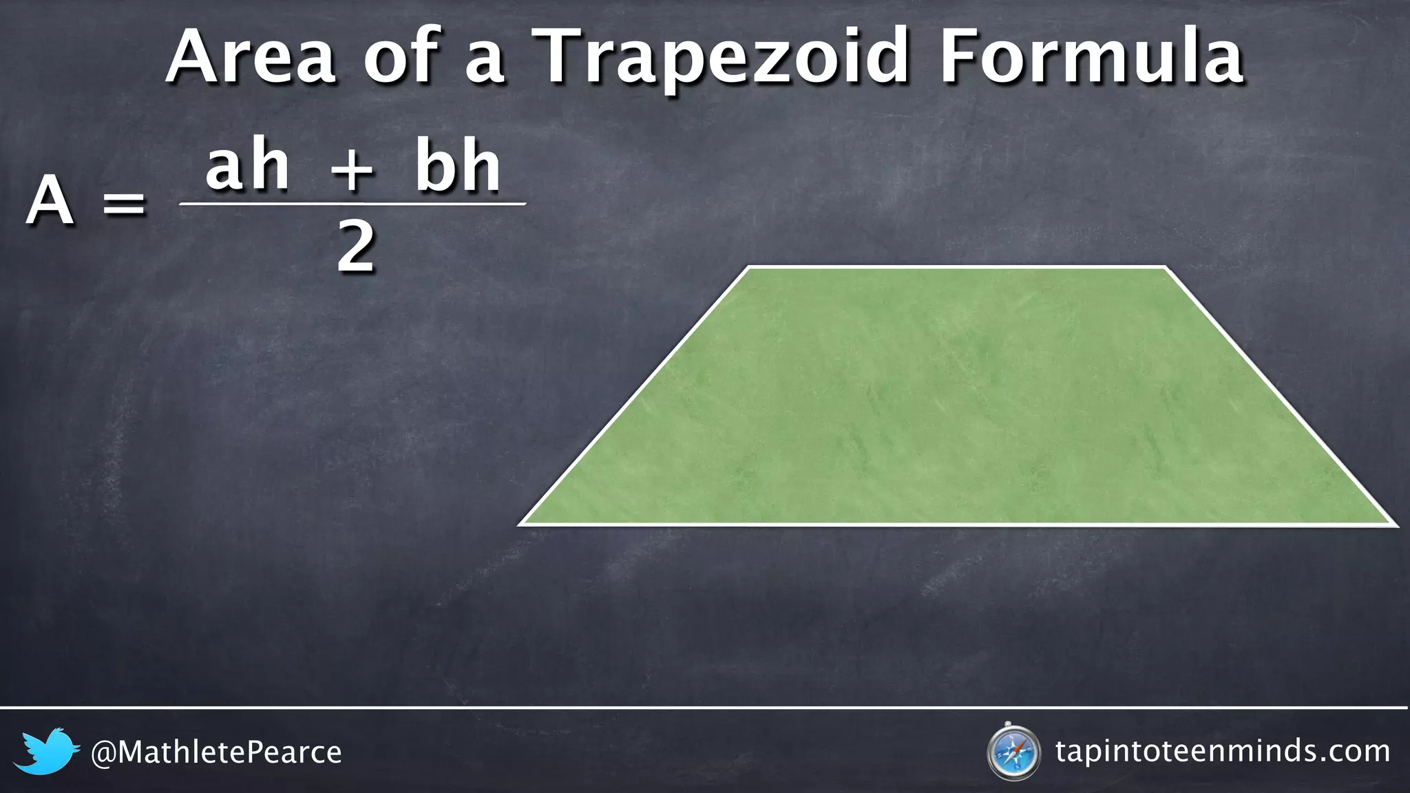 A = 
Area of a Trapezoid Formula 
ah + 
bh 
2 
@MathletePearce tapintoteenminds.com 
 