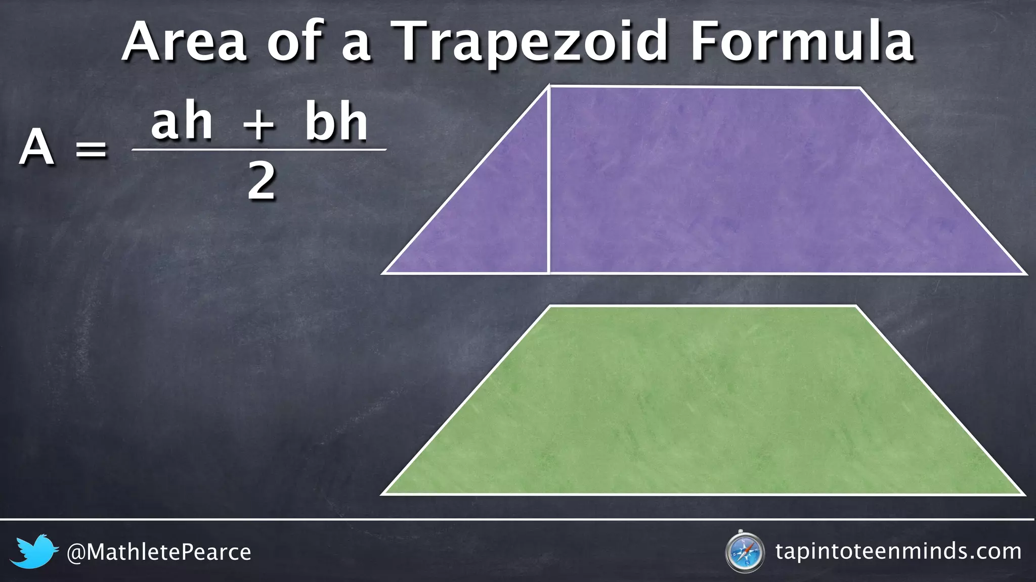 A = 
Area of a Trapezoid Formula 
ah + 
bh 
2 
@MathletePearce tapintoteenminds.com 
 