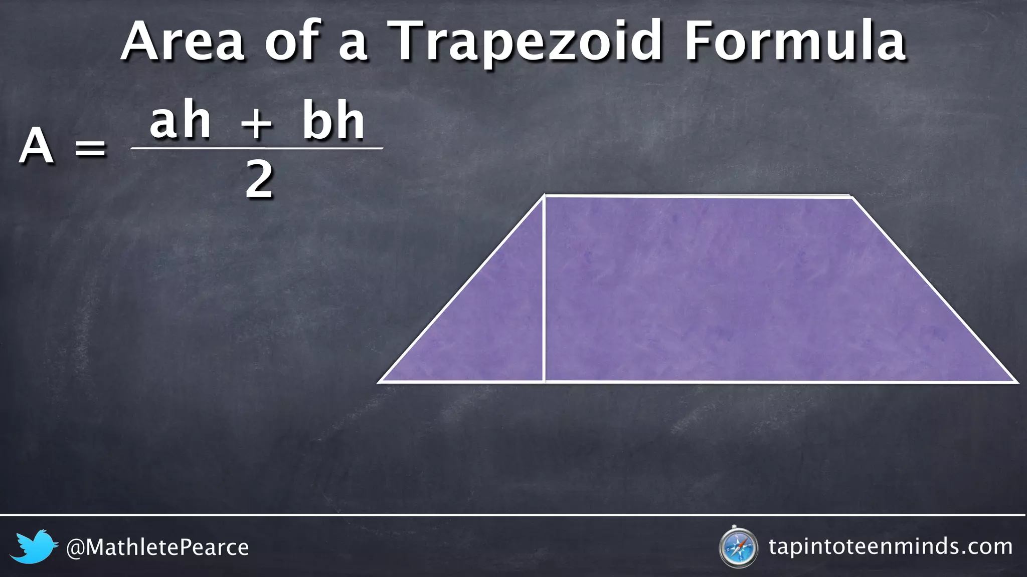 A = 
Area of a Trapezoid Formula 
ah + 
bh 
2 
@MathletePearce tapintoteenminds.com 
 