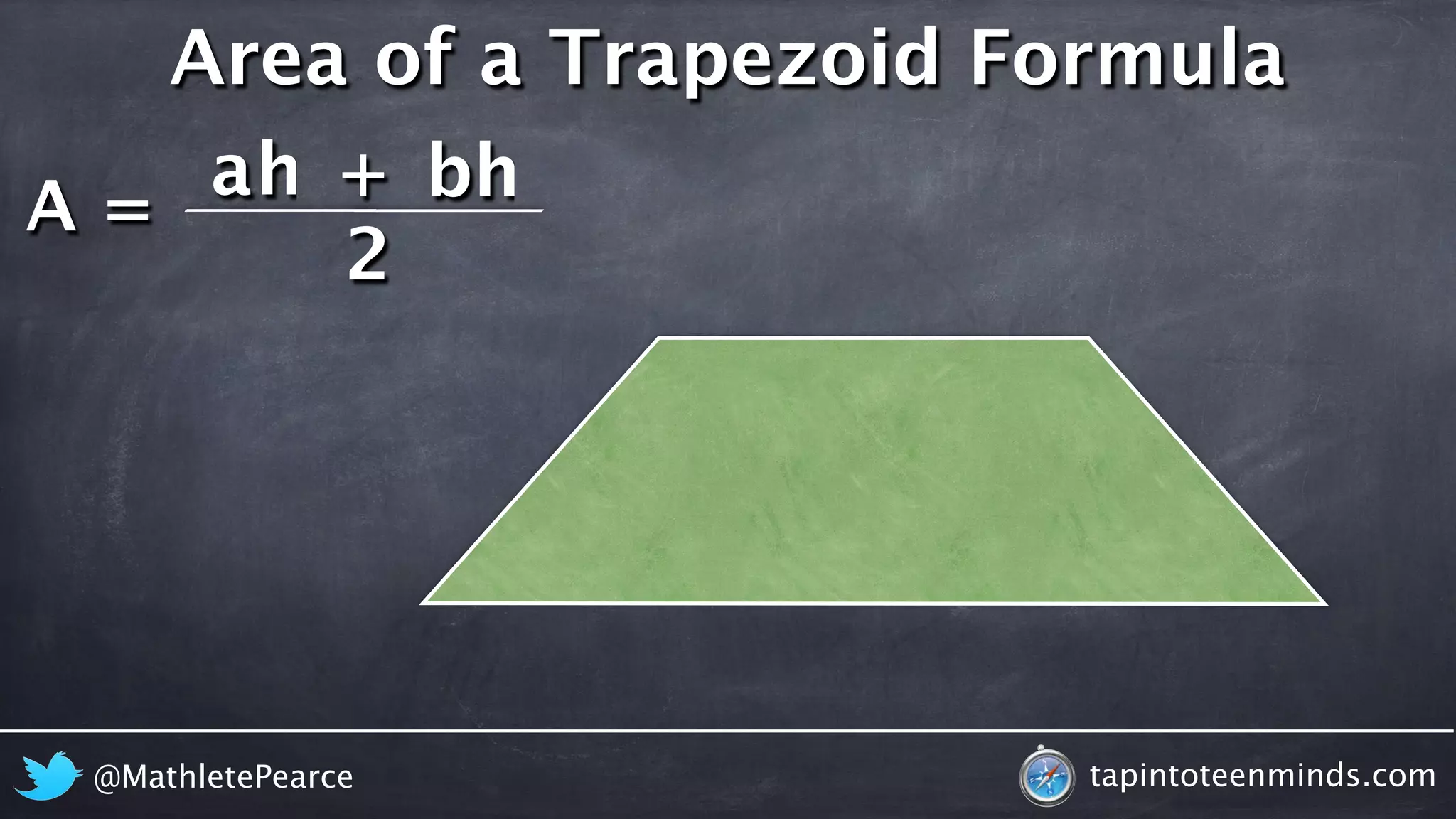 A = 
Area of a Trapezoid Formula 
ah + 
bh 
2 
@MathletePearce tapintoteenminds.com 
 