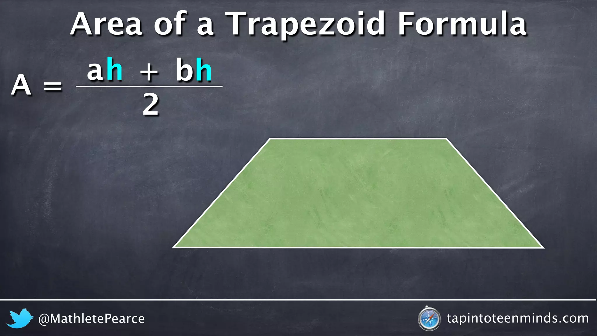 A = 
Area of a Trapezoid Formula 
ah + 
bh 
2 
@MathletePearce tapintoteenminds.com 
 