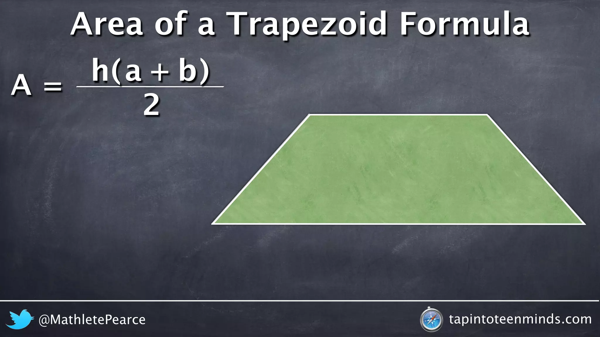 A = 
Area of a Trapezoid Formula 
h ( a + b 
) 
2 
@MathletePearce tapintoteenminds.com 
 